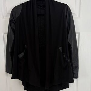 John Eshaya black cardigan with lamb leather sleeves and leather trimmed pockets